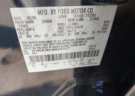 2008 Ford Edge Sel from USA, damaged, VIN 2FMDK38C48BA67217